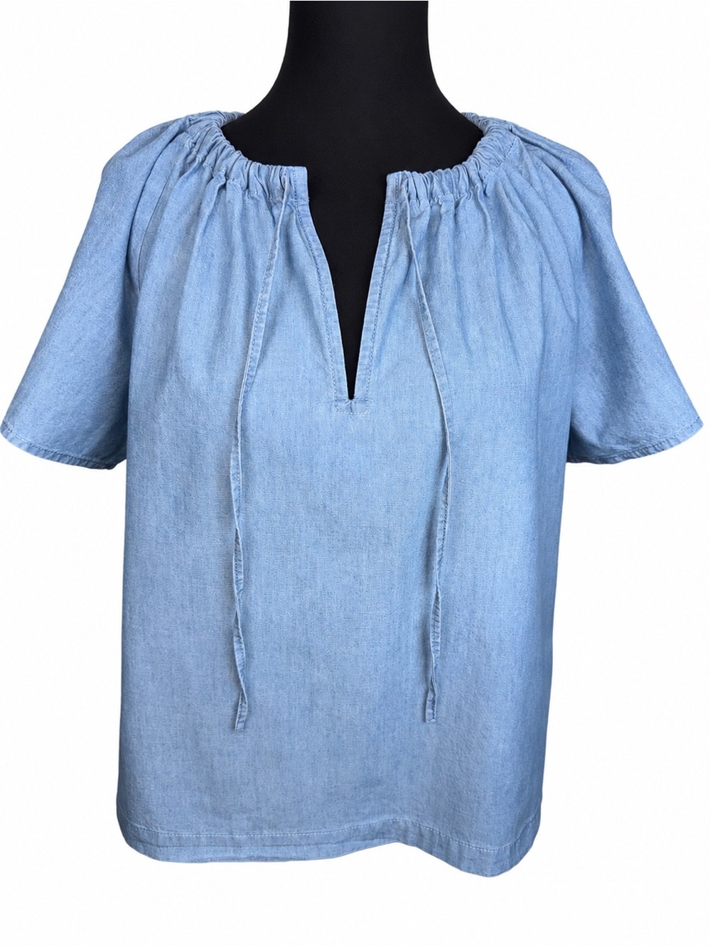 J.Crew Women's Blue Chambray Tie Neck Peasant Blouse Top Cottagecore Size Medium